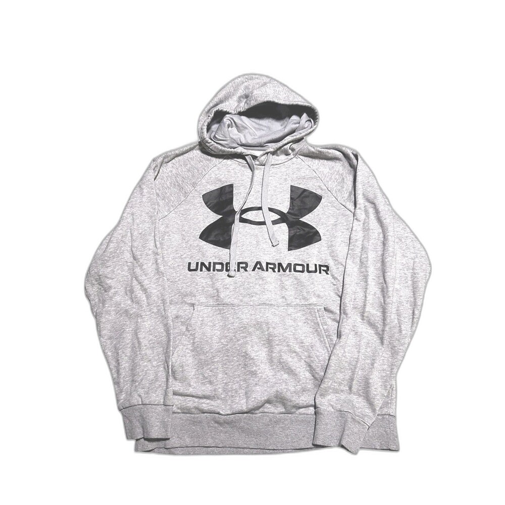 Under Armour Hoodie Mens Medium Gray Black Logo Pullover Fleece Pocket